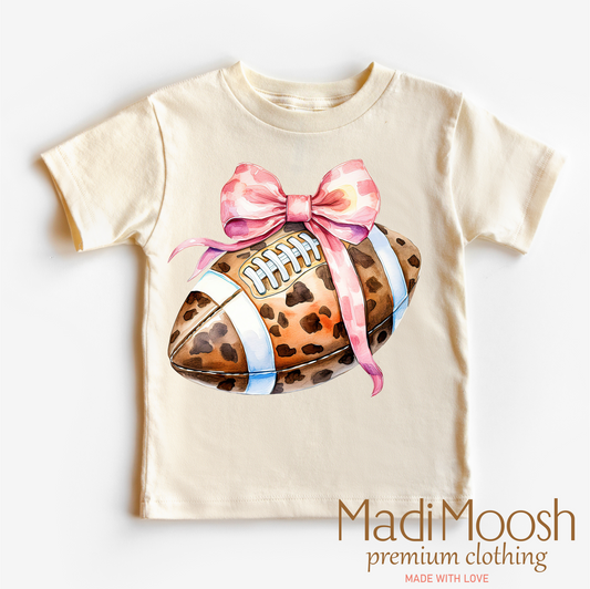 Leopard Football And Pink Bow Shirt - Football Tee: Natural / 3T Kids