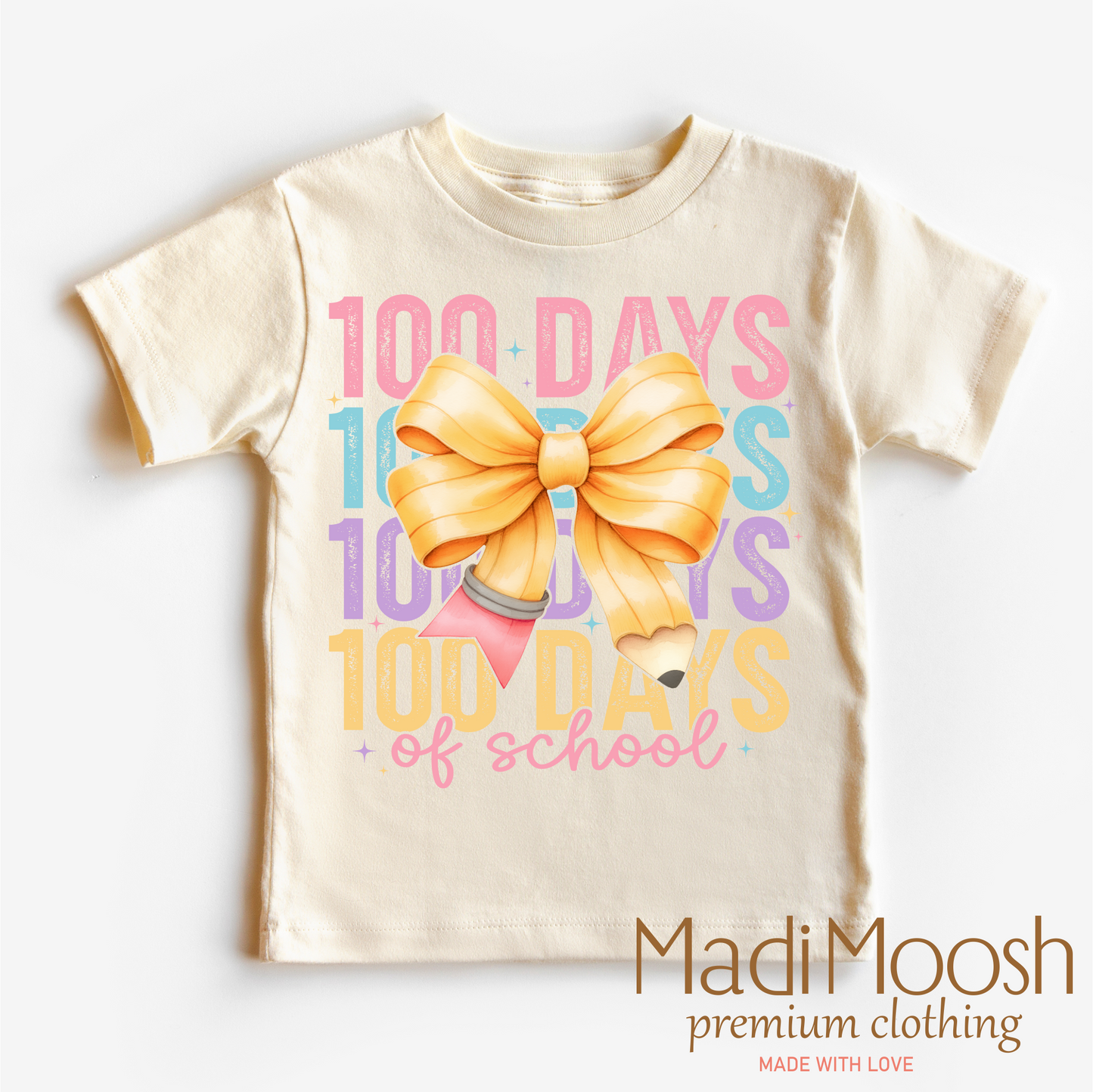 100 Days Of School Bow Shirt - School Tee: Natural Short Sleeve Tee / 5T Kids