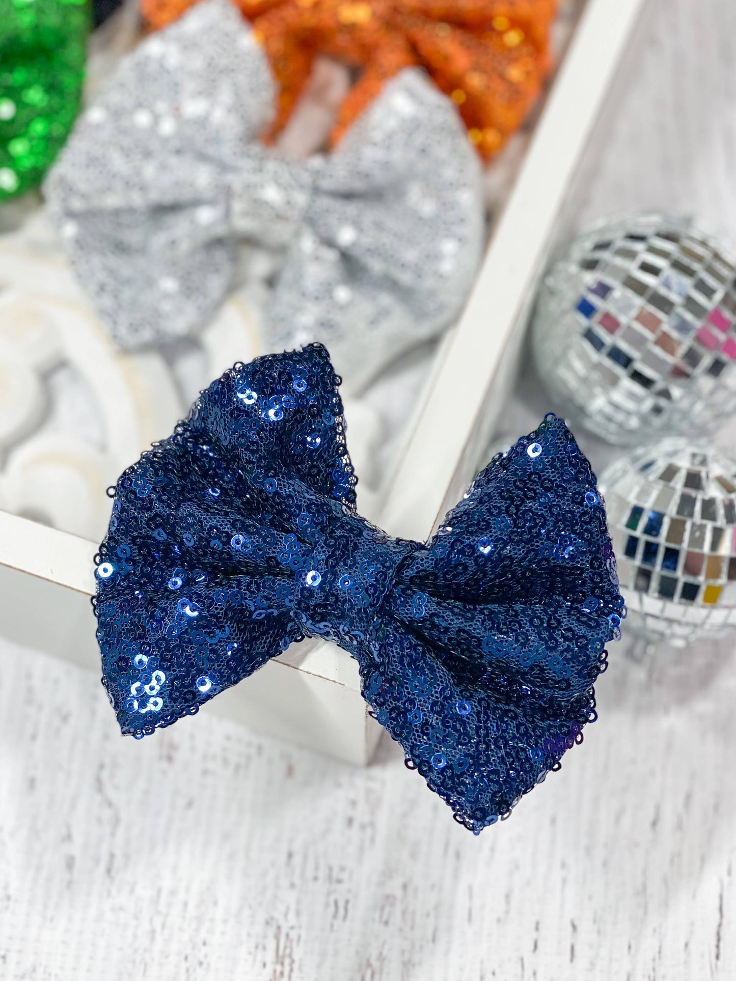 Fancy Sequin Hair Bow: Navy