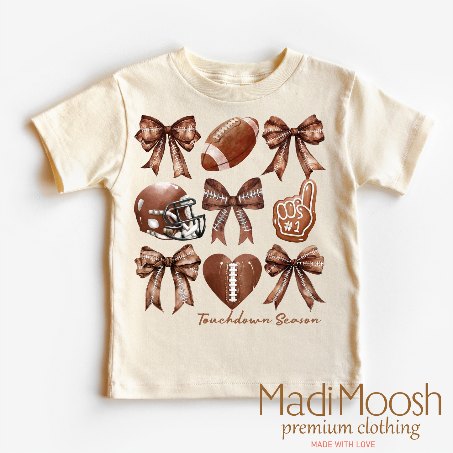 Football And Bows Girls Shirt - Football Tee: Natural / 2T Kids