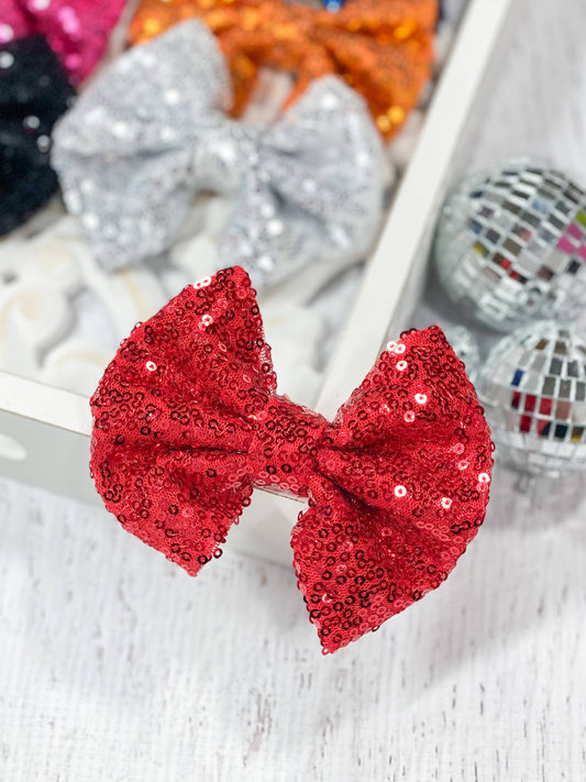 Fancy Sequin Hair Bow: Red