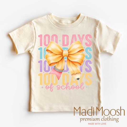 100 Days Of School Bow Shirt - School Tee: Natural Short Sleeve Tee / 4T Kids