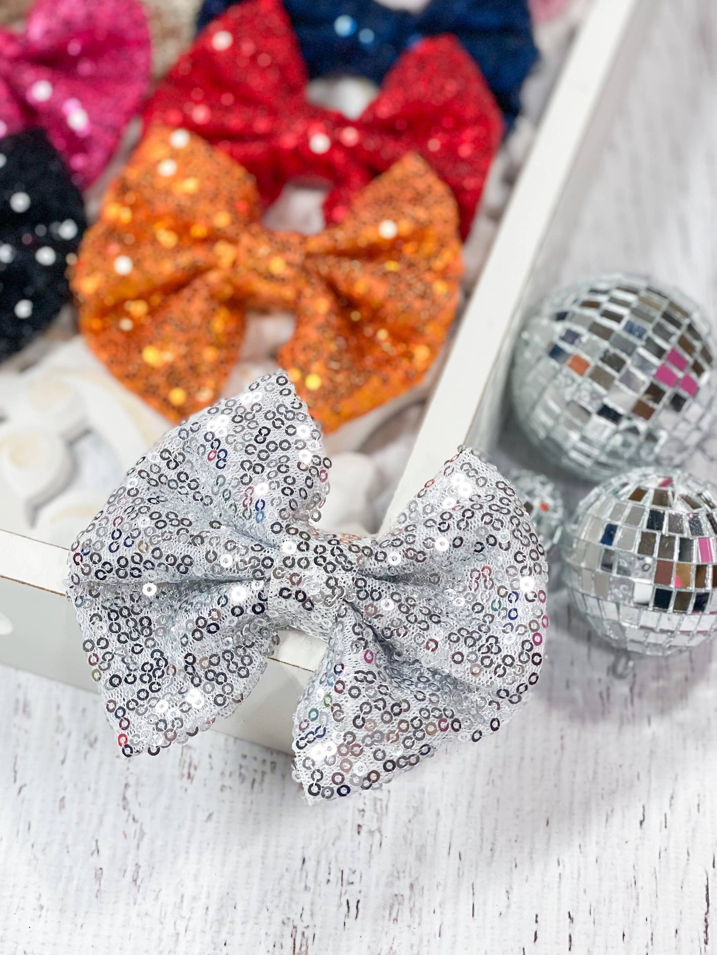 Fancy Sequin Hair Bow: Silver